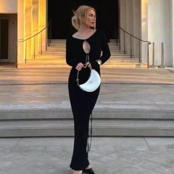 Helsa Niall Deep V Neck Dress in Black long sleeve maxi